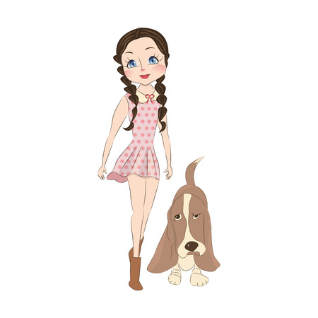 Cute little girl with her dog basset hound. Cartoon character for apparel or other uses in vector. T-shirt print or Book illustrations for children. Isolated on white background.のイラスト素材
