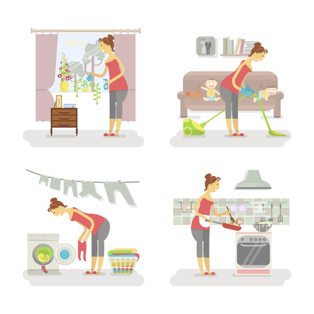 Set of housewifes in funny cartoon style for infographic. Homemaker is cleaning, ironing, cooking, wash and child rearing vector illustration.のイラスト素材