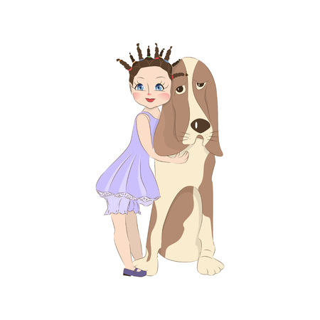 Cute little girl with her dog basset hound. Cartoon character for apparel or other uses in vector. T-shirt print or Book illustrations for children. Isolated on white background.のイラスト素材