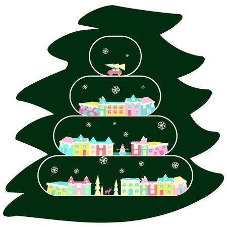 Winter village, rural landscape on christmas tree branch. Xmas icon set in flat design. Congratulation card. Vector illustrationのイラスト素材
