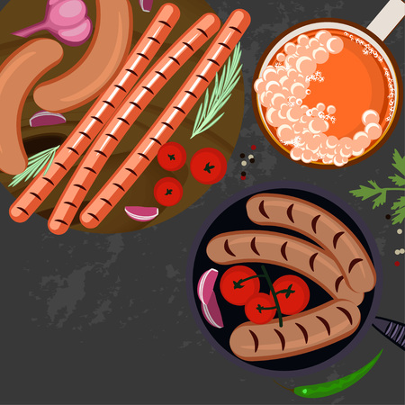 Grilled sausages and glass of beerのイラスト素材