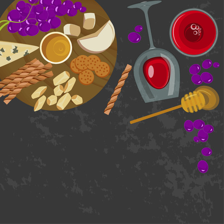 grapes, honey, cheese with glass of wineのイラスト素材