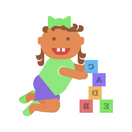 little girl plays with bricksのイラスト素材
