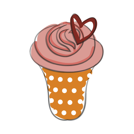 Hand drawn cupcake illustration with icing and heart design, isolated on whiteのイラスト素材