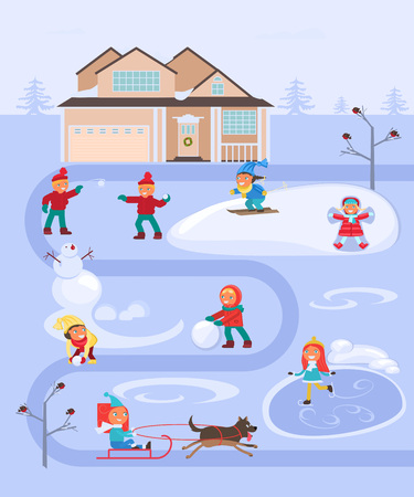 Cartoon concept of cute kids playing outside. Winter scene with children on snowy landscape background.のイラスト素材