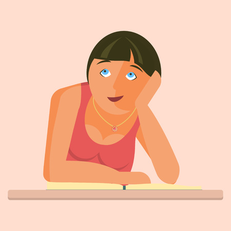 Young girl with study book and dreams of love. Cartoon character of woman isolated on library background.のイラスト素材