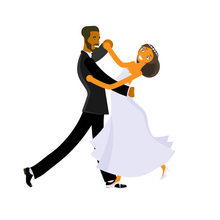Happy young bride and groom are dance on their wedding day. Concept for the studio, wedding dance lessons. Vector illustration のイラスト素材