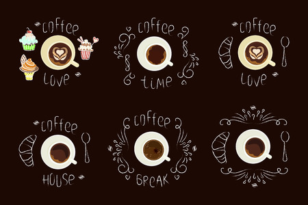 Set Chalk lettering and cup of Coffee on chalkboard top view. Template of banner or poster. Vector illustration eps 10のイラスト素材