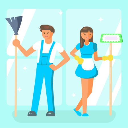 Cleaning service staffs characters on a blue backgroundのイラスト素材