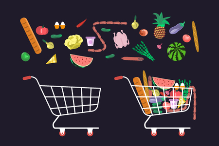 Shop trolley and products in flat design. Fill the basket with food constructor. Vector illustration eps 10のイラスト素材