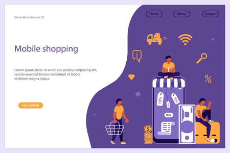 Web banner design template. Business people, man and woman shop online using smartphone, in flat modern style. Concept for Mobile shopping, e-commerce and online store. Vector illustration eps 10のイラスト素材