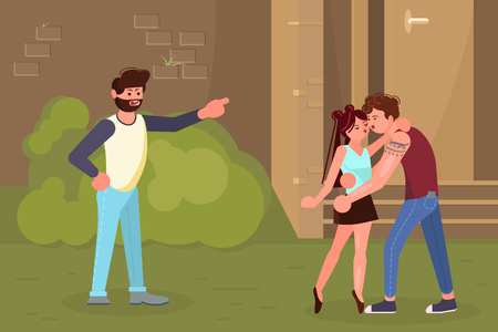 Parent Adolescent conflict concept. Father doesn't like his daughter's boyfriend. Vector illustration eps 10のイラスト素材