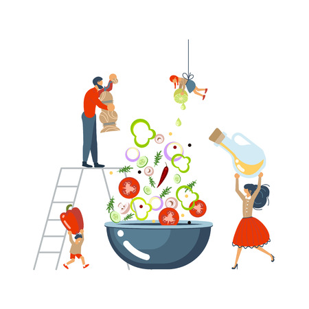 Happy happy family cooking together a salad concept. Poster, banner template for cooking master class in flat. Dad, mom, daughter, son enjoys of cookery. Vector illustration eps 10のイラスト素材