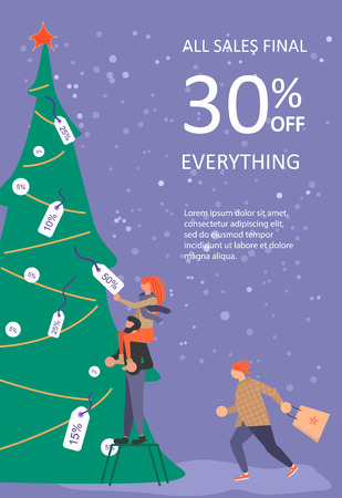 Vertical  Banner for Christmas sale. People running after shopping, tearing off discount coupons from a Xmas tree. Vector illustration eps 10のイラスト素材