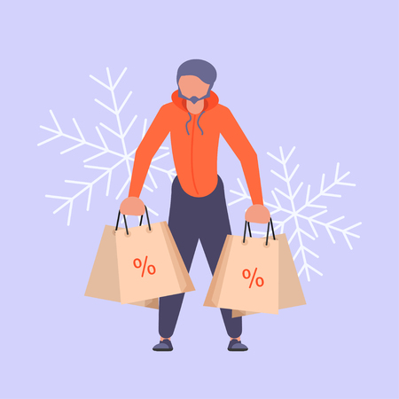 Square Banner for Winter sale. People running after shopping isolated on winter town background . Vector illustration eps 10のイラスト素材