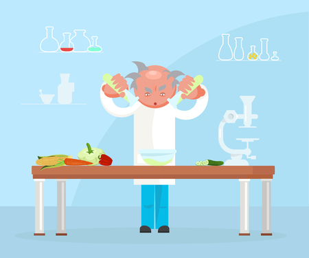 Diet researching concept in flat design. Dietician doctor testing food products in lab. Vector illustration eps 10のイラスト素材