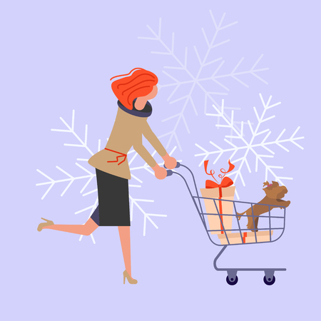Vertical Banner for Christmas sale. People running after shopping, tearing off discount coupons from a Xmas tree. Vector illustration eps 10のイラスト素材