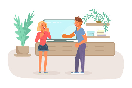 Young man and woman quarrelling and making a loud public scandal. Flat design isolated on white background. Vector illustration eps 10のイラスト素材
