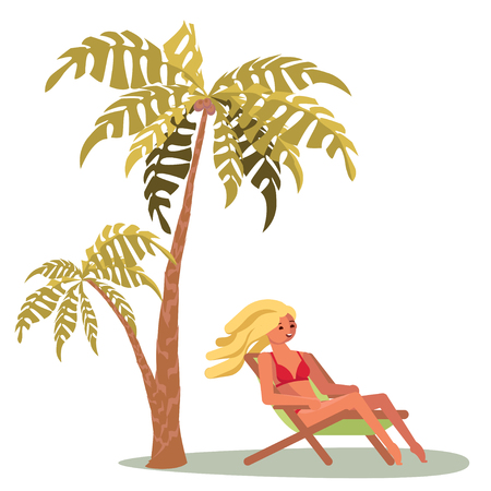 People on summer vacation. A young woman lies on a lounger and relaxes on a sea beach. Vector illustrationのイラスト素材