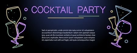 Banner template for night cocktail party. Neon sign, bright alcoholic signboard, light banner. Vector illustrationのイラスト素材