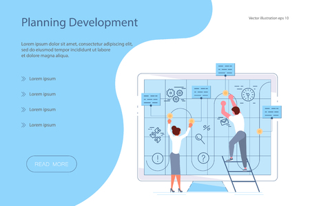 Web banner design template for Planning development of ideas in flat design. Team of young businessmen draws business strategy. Vector illustration eps 10のイラスト素材