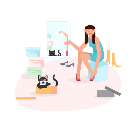 Girl putting on shoes and her cute black cat looks out from the box. Vector illustrationのイラスト素材
