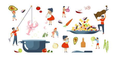 Happy family cooking together set for cooking master class in flat. Dad, mom, daughter, son enjoys of cookery. Vector illustration eps 10のイラスト素材