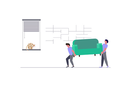 Concept for Transport company isolated on white background. Movers carring a sofa and cardboard boxes. Moving House and office. Vector illustration eps 10のイラスト素材