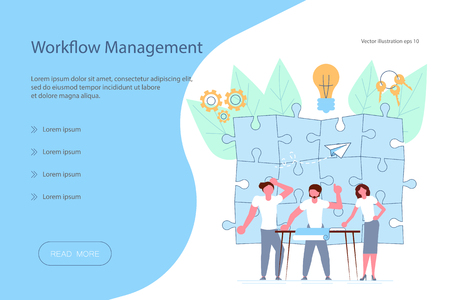 Web banner design template. Workflow management concept in flat design. Team of young businessmen have a business meeting and brainstorming. Vector illustration eps 10のイラスト素材