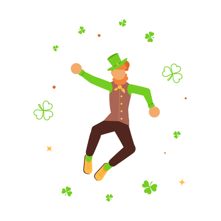 St Patricks Day banner. Cute cartoon leprechaun dancing amongst shamrock. Vector illustration eps 10のイラスト素材
