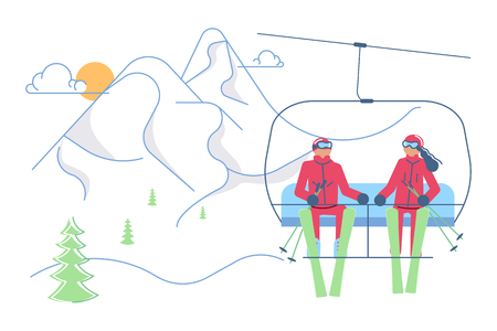 Mountain Ski Resort concept. Skiers man and woman in lift on winter Mountain Landscape background. Vector illustration eps 10のイラスト素材