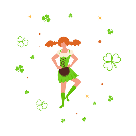 St Patricks Day banner. Cute cartoon girl leprechaun dancing amongst shamrock. Vector illustration eps 10のイラスト素材