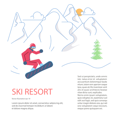 Banner template for Mountain Ski Resort. Skier on winter Mountain Landscape background. Vector illustration eps 10のイラスト素材
