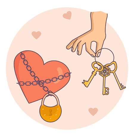 Valentines day banner. Hand holding golden keys at locked heart. Vector illustration eps 10.のイラスト素材