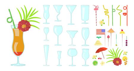 Exotic cocktail drink creator. Set of different shapes coctail glass and straws, parasols, umbrellas, toothpick for party decoration. Vector illustration eps 10のイラスト素材