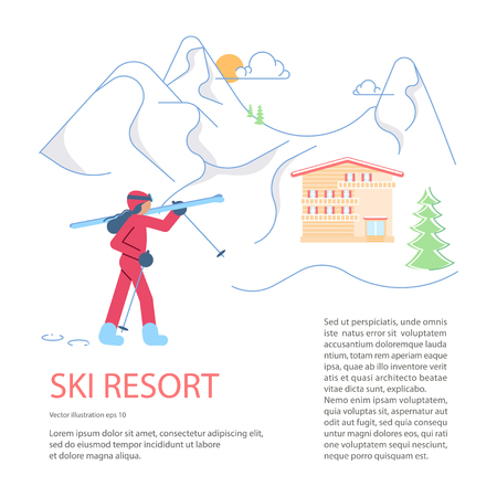 Banner template for Mountain Ski Resort. Skier on winter Mountain Landscape background. Vector illustration eps 10のイラスト素材