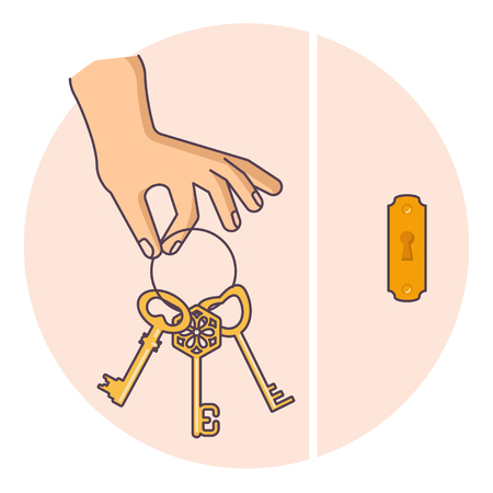 Hand holding golden key at keyhole. Concept illustration in flat design. Vector illustration eps 10のイラスト素材