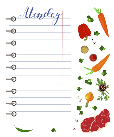 Daily food diary with healthy food and hand drawn days of the week lettering. Vector illustrationのイラスト素材