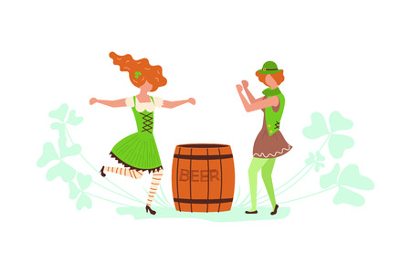 St Patricks Day banner. Cute cartoon leprechauns with mugs of beer dancing. Vector illustration epsのイラスト素材