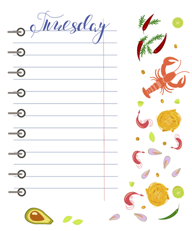 Daily food diary with healthy food and hand drawn days of the week lettering. Vector illustrationのイラスト素材