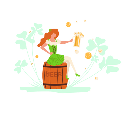 St Patricks Day banner. Cute cartoon leprechauns with mugs of beer on beer barrels. Flat Art Vector illustrationのイラスト素材