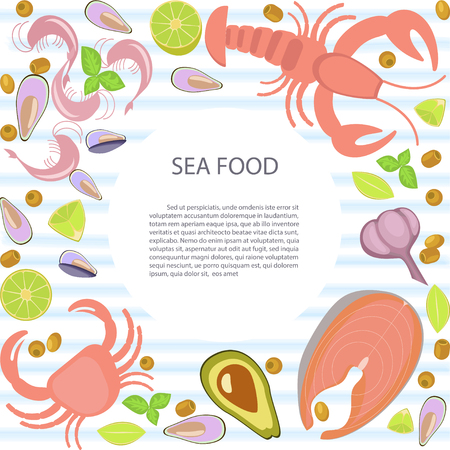 Fresh seafood flat design with copy space on white background. Top view. Flat Art Vector illustrationのイラスト素材