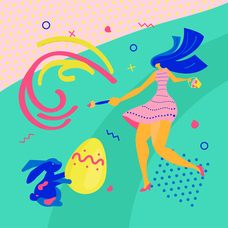 Happy Easter Horizontal greeting banner. Easter event, festival and fair flyer with beautiful girl and rabbit on a green background. Flat Art Vector illustrationのイラスト素材