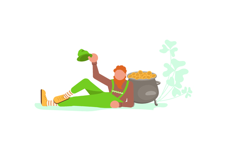 Saint Patrick's Day concept. Cute cartoon leprechaun lies near the pot of coins. Flat Art Vector illustrationのイラスト素材
