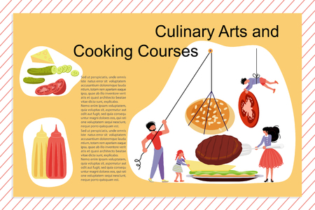 Culinary art and cooking courses Poster, banner template. Happy family cooking together a hamburger concept. Dad, mom, daughter, son enjoys of cookery. Flat Vector illustrationのイラスト素材