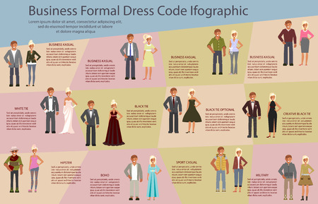 Dress code infographic. Man and woman isolated on white background with speech bubbles. Vector illustration of people in formal clothes.のイラスト素材