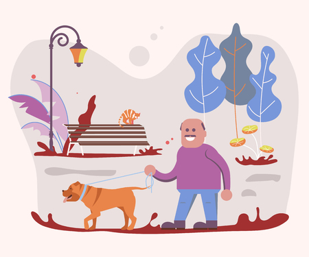 Adult Man pet owner plays with his dog on a walk in forest. Flat Art Vector illustrationのイラスト素材