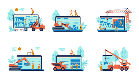 Set of development concept and website under construction background. 404 error or maintenance page with house building site, builders, crane and construction equipment. Flat Art Vector illustrationのイラスト素材