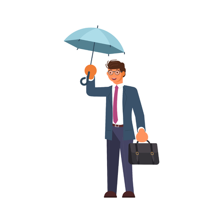 Autumn stormy and rainy weather. Man holding umbrella under the rain. Flat Art Vector illustrationのイラスト素材