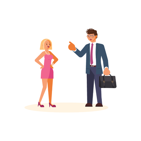 Superior and subordinate professional relationship concept. Boss reproaching his employee. Businessman reprimands or reproof his female subordinate. Flat Art Vector illustration